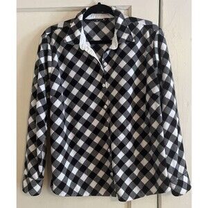 Riders By Lee Womens L Top Black White Checkered Micro Fleece Button Down Shirt